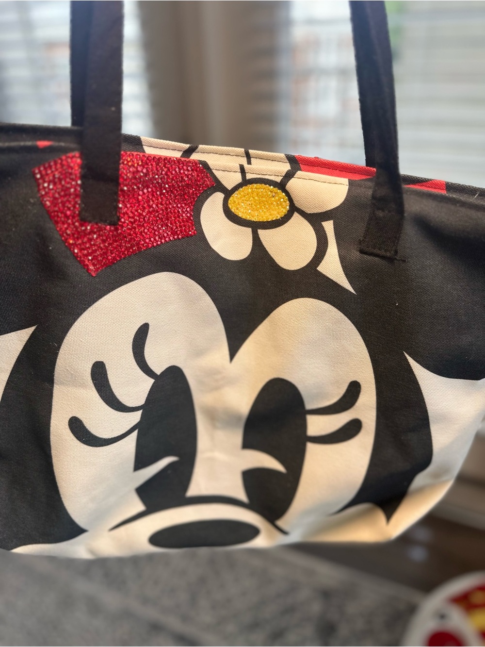 Black and White Minnie Mouse Tote Bag with Red and Yellow Accents